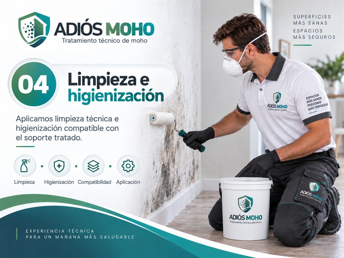 Tarjeta 04 del protocolo Adiós Moho: limpieza e higienización aplicada con rodillo.